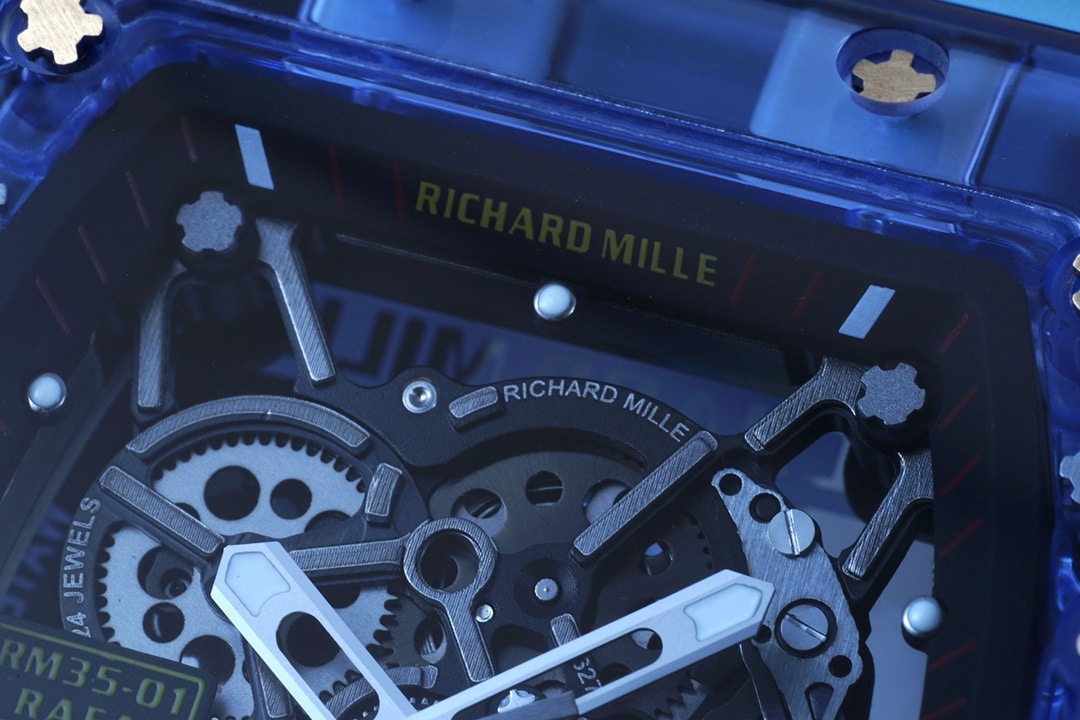 Richard Mille men's top-tier 1:1high-quality watch blue transparent hollow plate blue rubber model RM35-01front live photo