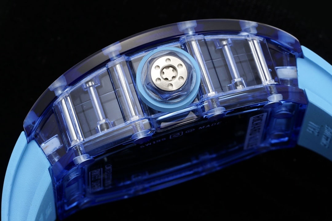 Richard Mille men's top-tier 1:1high-quality watch blue transparent hollow plate blue rubber model RM35-01side live photo
