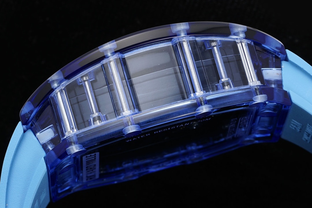 Richard Mille men's top-tier 1:1high-quality watch blue transparent hollow plate blue rubber model RM35-01side live photo