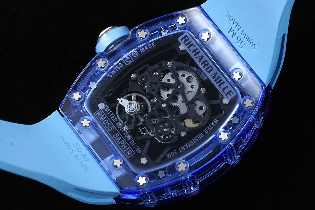 Richard Mille men's top-tier 1:1high-quality watch blue transparent hollow plate blue rubber model RM35-01caseback live photo