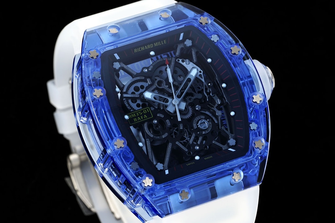 Richard Mille men's top-tier 1:1super watch blue transparent hollow plate rubber model RM35-01front live photo
