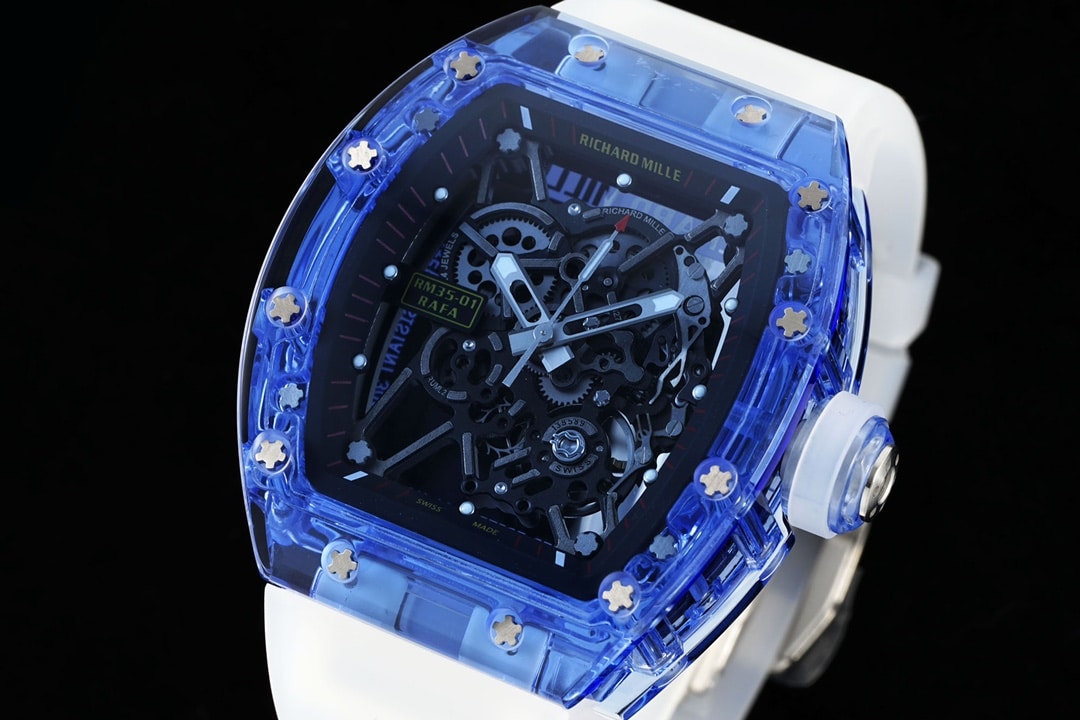 Richard Mille men's top-tier 1:1super watch blue transparent hollow plate rubber model RM35-01front live photo