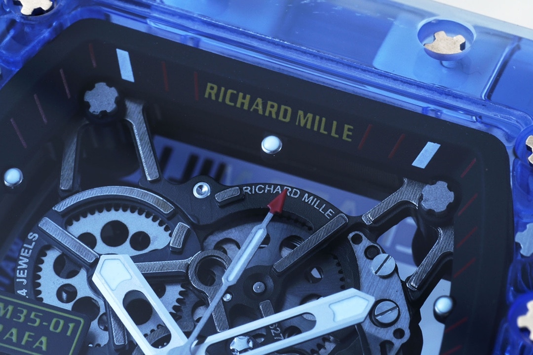 Richard Mille men's top-tier 1:1super watch blue transparent hollow plate rubber model RM35-01front live photo