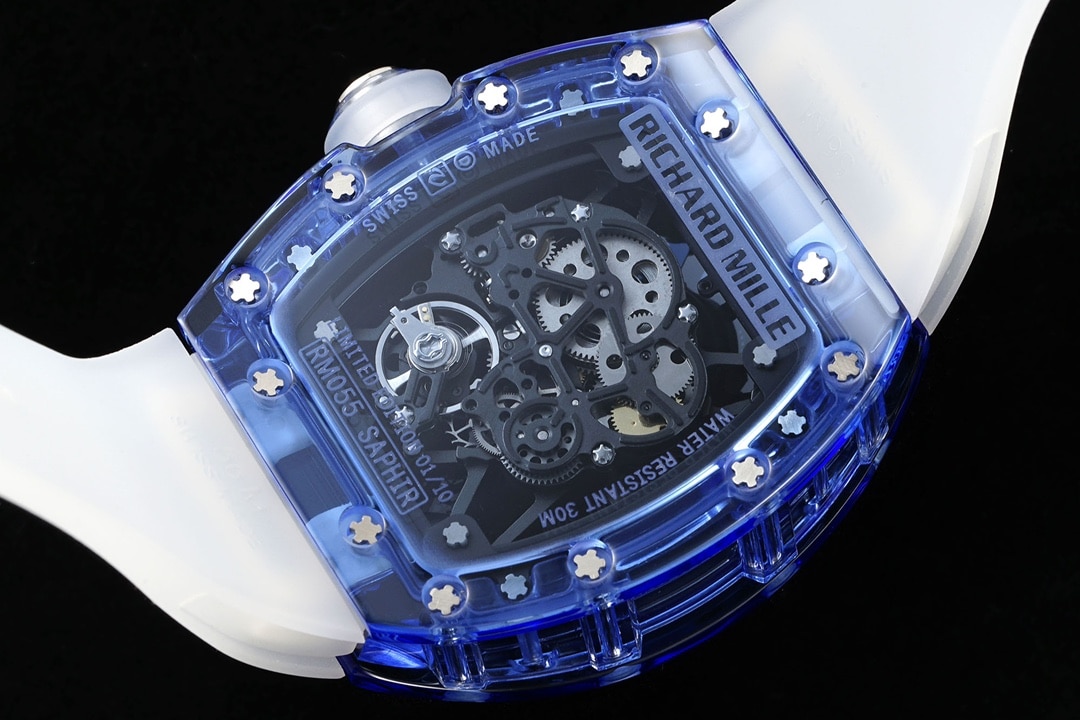 Richard Mille men's top-tier 1:1super watch blue transparent hollow disc rubber model RM35-01caseback live photo