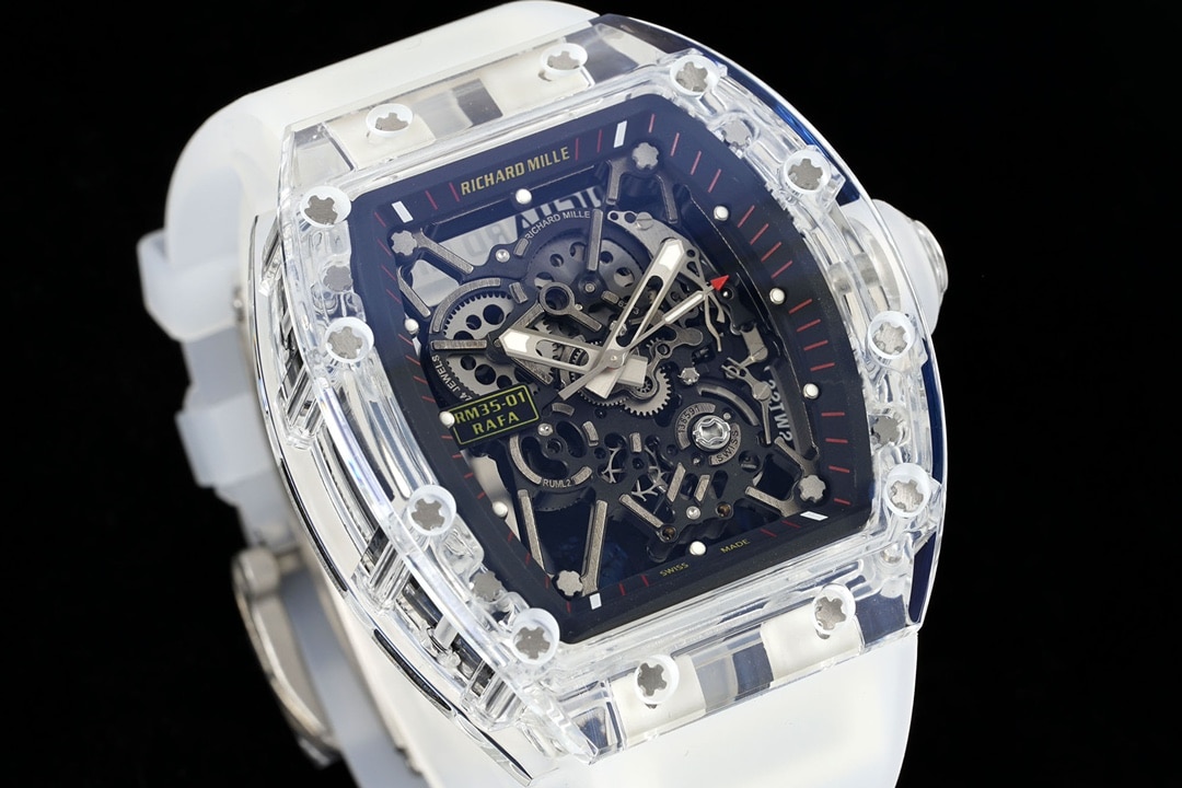 Richard Mille men's top-tier watch transparent hollow plate rubber model RM35-01front live photo