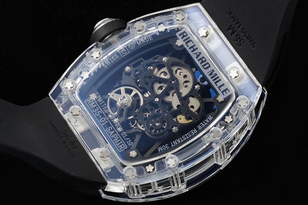 Richard Mille men's super A watch transparent skeleton disk black rubber models RM35-01 back actual photo