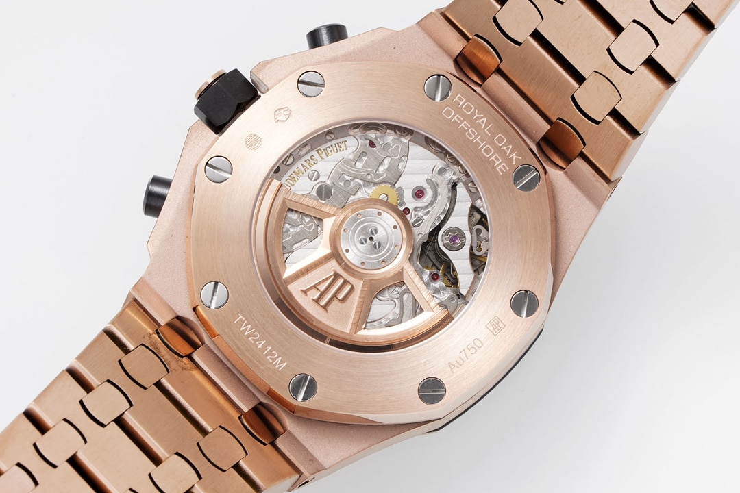 APF factory Audemars Piguet men's Royal Oak offshore watch dark blue dialrose goldsteel bracelet model 26238OR.OO.2000OR.01caseback live photo
