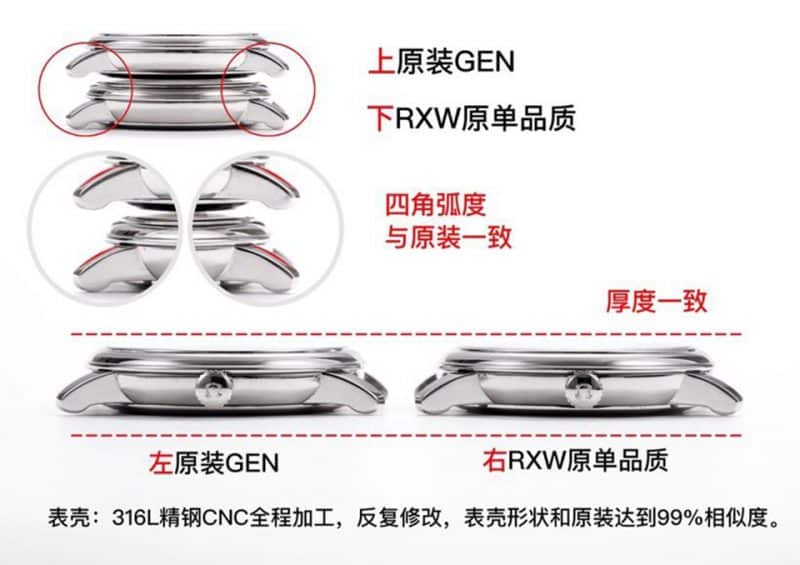 RXW Omega Butterfly 424.10.40.20.02.003 Comparison of Real and Fake Review Case Diagrams