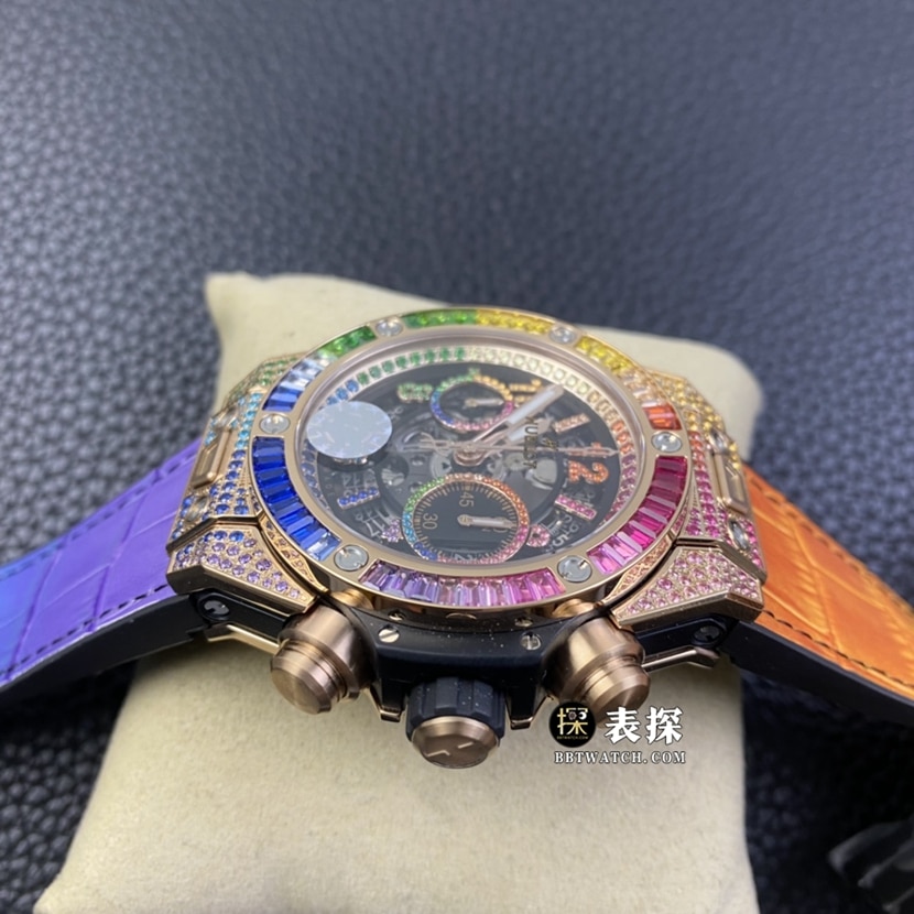 ZF BIG BANGHublot1:1replica watch hollow panda disc rainbow diamond leather strap model 411.OX.9910.LR.0999 side view