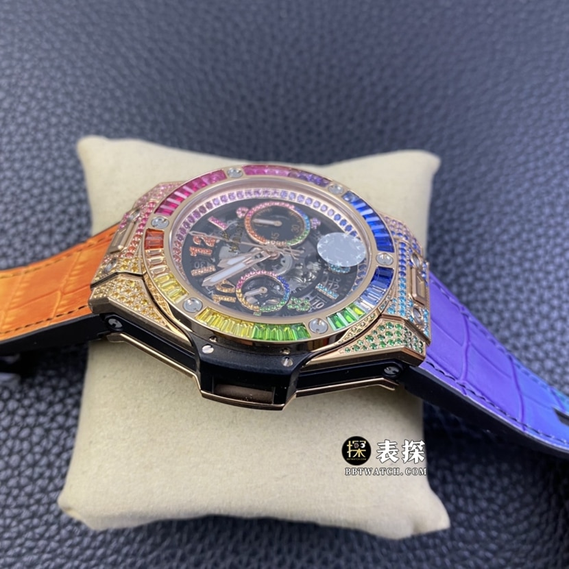 ZF BIG BANGHublot1:1replica watch hollow panda disc rainbow diamond leather strap model 411.OX.9910.LR.0999 side view