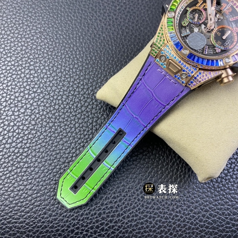 ZF BIG BANGHublot1:1replica watch hollow panda disc rainbow diamond leather strap model 411.OX.9910.LR.0999bracelet picture