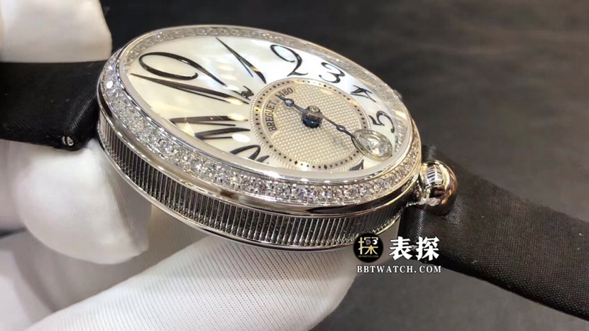 ZF Queen of Naples Breguet watch silver white natural mother-of-pearl plate woven satin model 8918BB/58/864/D00D side view