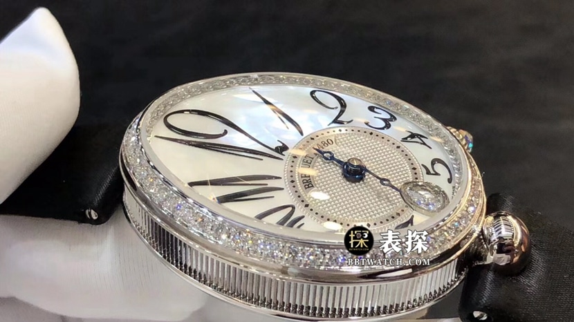 ZF Queen of Naples Breguet watch silver white natural mother-of-pearl plate woven satin model 8918BB/58/864/D00D side view