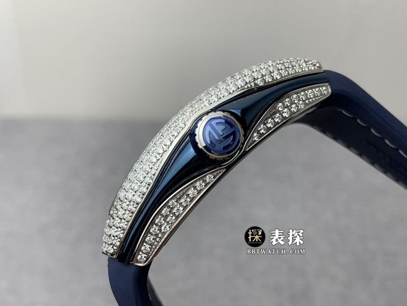 ABF ladies Frank Muller watch blue dial diamond leather strap model Vanguard Yachting diamond side view