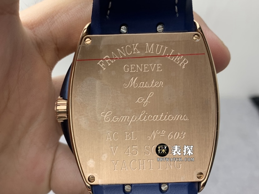 ABF men's Frank Muller watch blue dial gold leather strap model back view