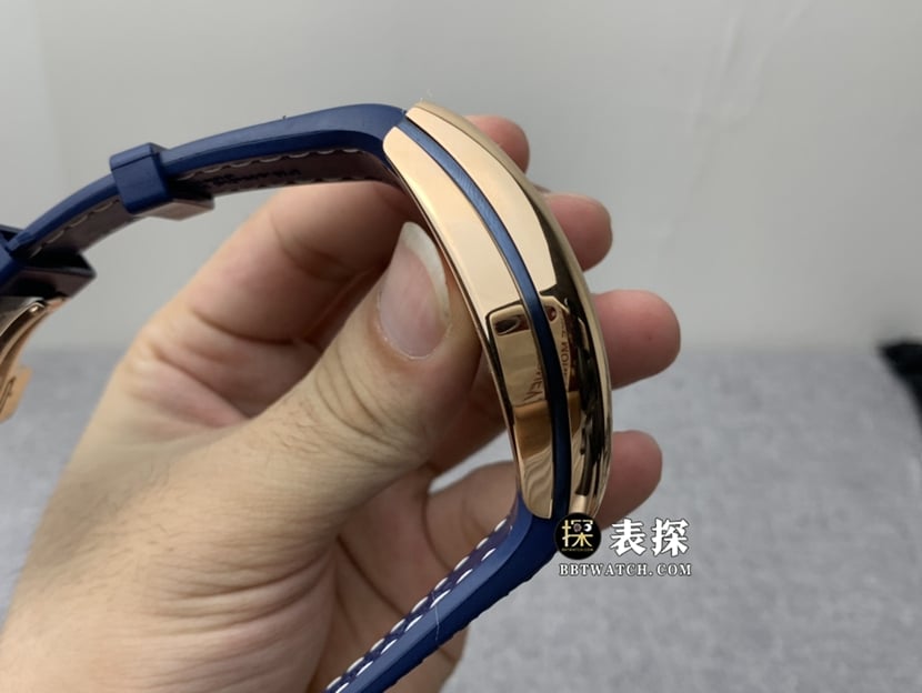 ABF men's Frank Muller watch blue dial gold leather strap model side view