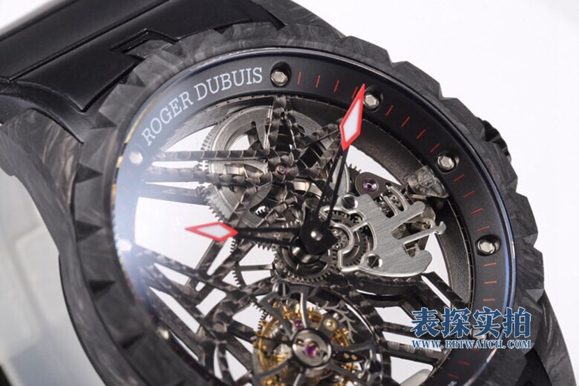 BBR King Roger Dubuis watch carbon fiber hollow tourbillon black rubber detail shots
