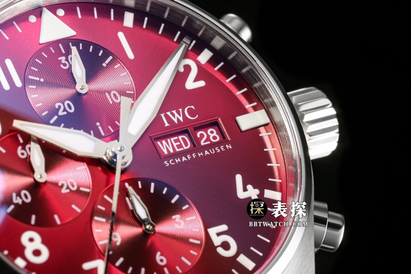 Pilot's IWC watch Burgundy red dial leather strap model IW388107 front real shot image