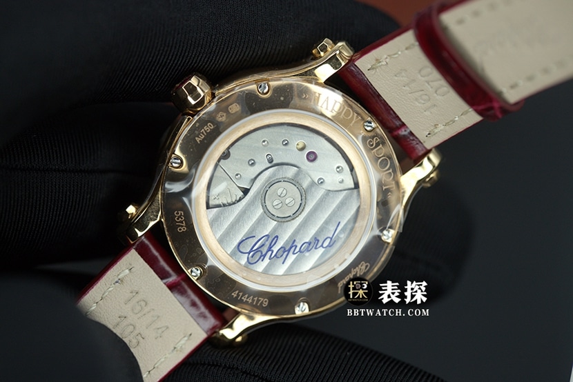 YF Happy Diamond Chopard1:1replica watch red mother-of-pearl disk rose gold8 smart diamondleather strap model 275378-5005caseback live photo