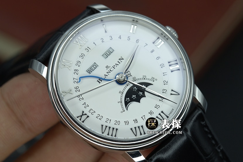 OM classic Blancpain1:1replica watch silver white dialmoon phaseleather strap model 6654-1127-55Bfront live photo