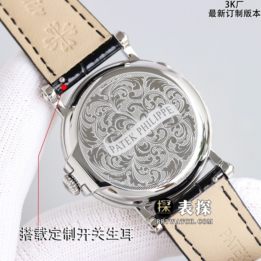 3K classic Patek Philippe1:1replica watch silver white dialleather strap model 5153G-010 back cover picture