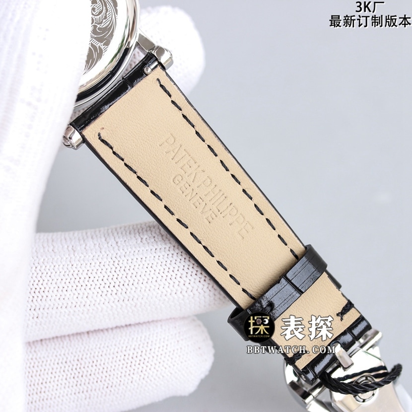 3K Classical Patek Philippe1:1replica watch silver white dialleather strap model 5153G-010bracelet picture
