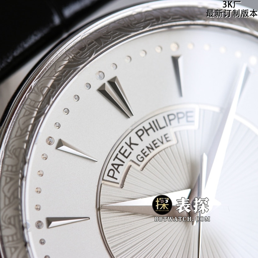 3K classic Patek Philippe1:1replica watch silver white dialleather strap model 5153G-010detail shots