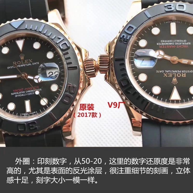 V9Rolex gold yacht-master series 116655 watch authenticity review detail shots