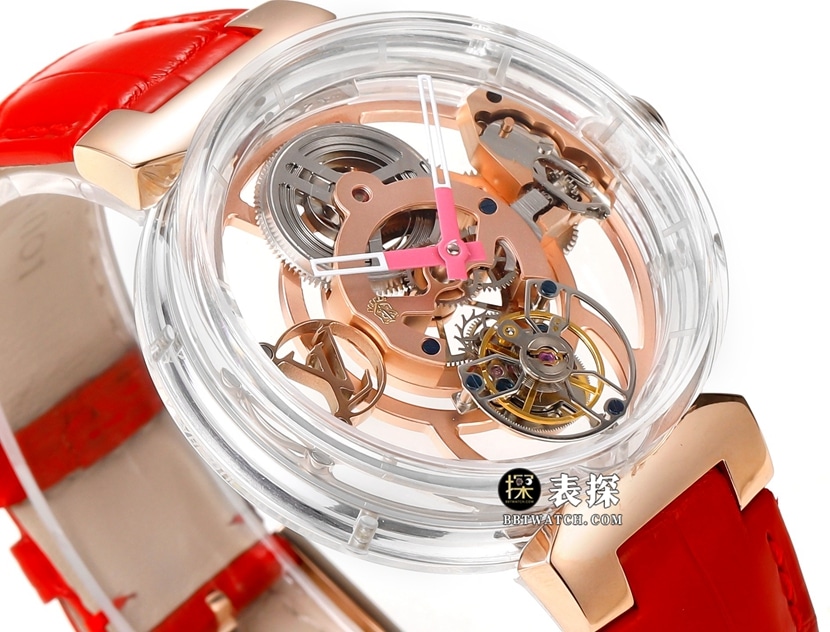 RM men's Louis Vuitton watch hollow plate tourbillon red leather strap model front live photo