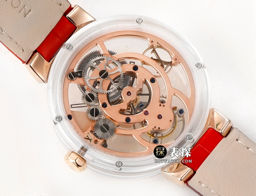 RM men's Louis Vuitton watch hollow plate tourbillon red leather strap caseback live photo