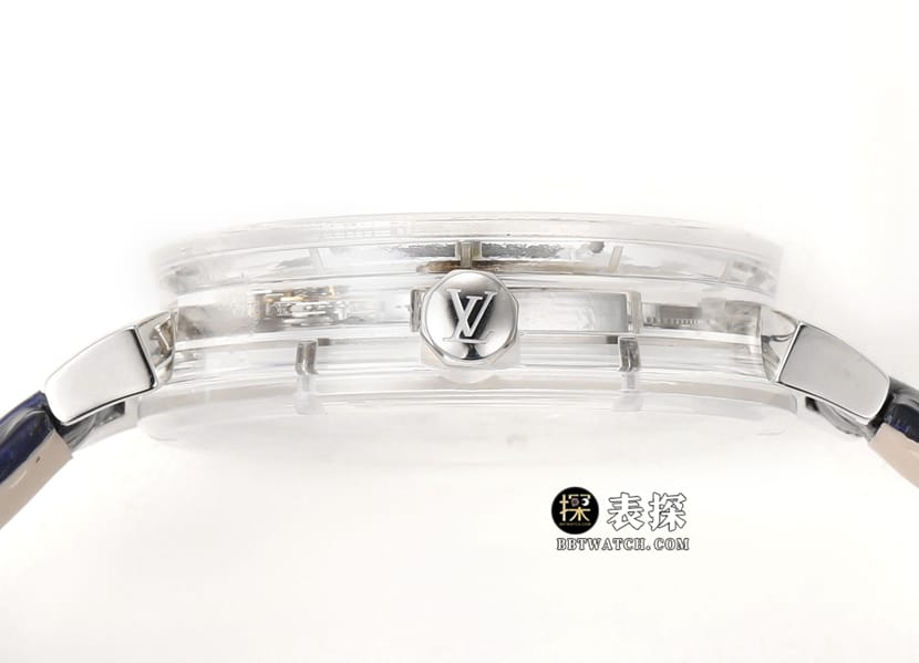 RM men's Louis Vuitton watch transparent case hollow plate tourbillon dark blue color leather strap model side live photo