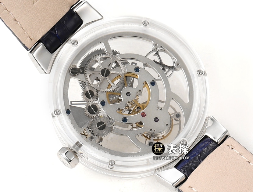 RM men's Louis Vuitton watch transparent case hollow plate tourbillon dark blue color leather strap caseback live photo