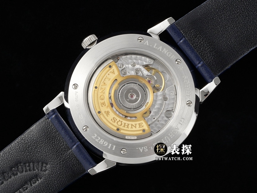 F8 Saxony Lange watch blue dial leather strap model 205.086 caseback live photo