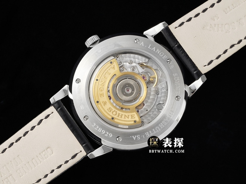 F8 Saxony Lange watch men's black aventurine disc leather strap caseback live photo