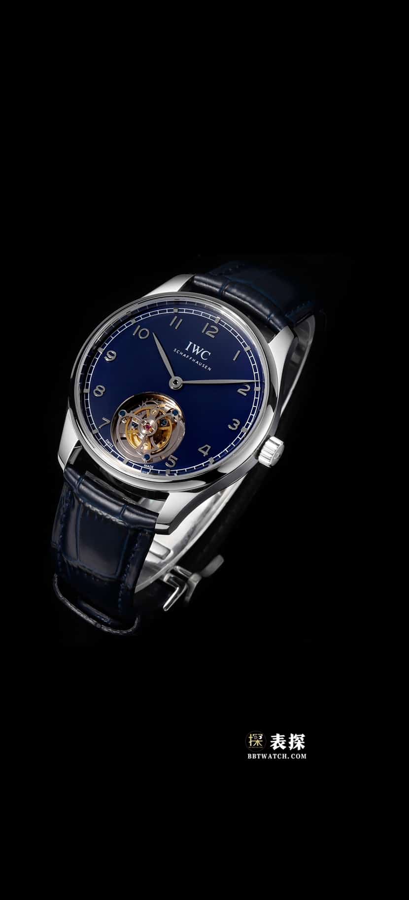 Portuguese IWC1:1replica watch men's blue dialtourbillonleather strap model front live photo