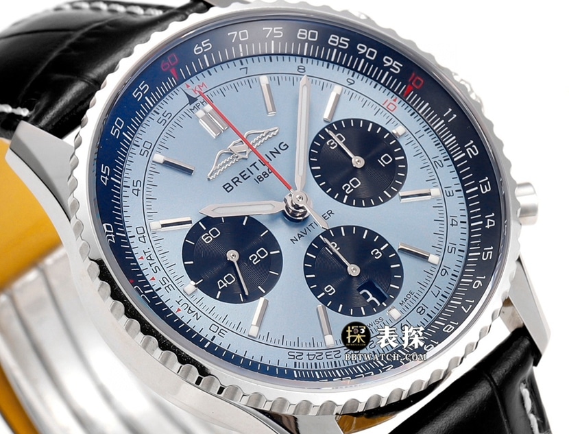 BLS aviation chronograph1Breitling1:1replica watch men's ice blue dialleather strap model AB0138241C1P1front live photo