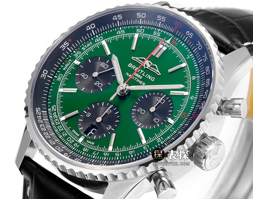 BLS Aviation Chrono Breitling Watch Men's Deep Green Dial Leather Strap AB0137241L1P1 Front Real Shot Photo