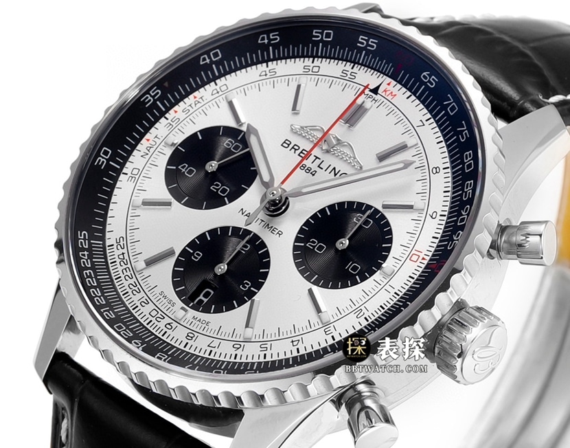 BLS aviation chronograph1Breitling1:1replica watch men's silver dialleather strap model AB0138241G1P1front live photo