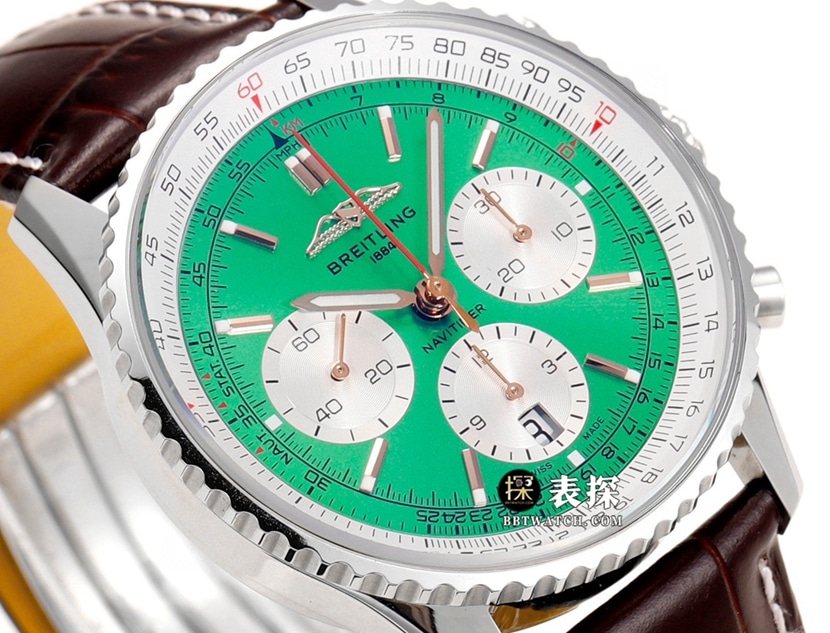 BLS aviation chronographBreitling1:1replica watch green dialleather strap model AB01388A1L1P1front live photo