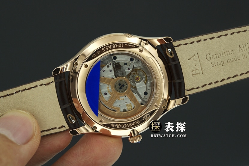 APS factory master Jaeger-LeCoultre1:1replica watch eggshell yellow plate rose goldmoon phaseleather strap model 1362511caseback live photo
