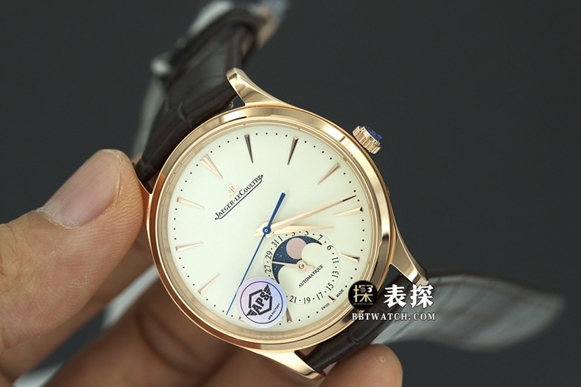 APS factory master Jaeger-LeCoultre1:1replica watch eggshell yellow plate rose goldmoon phaseleather strap model 1362511 overall live photos