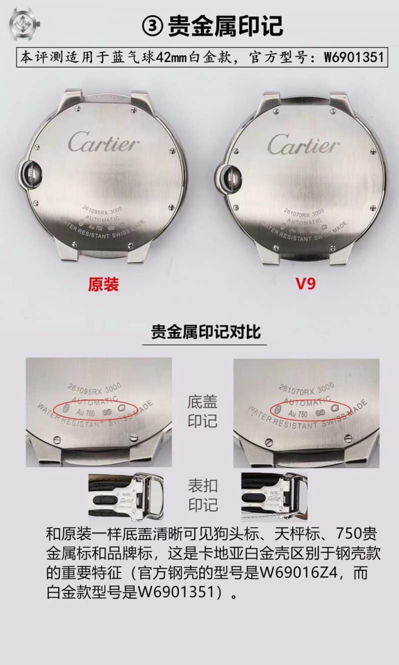 V9Cartier blue balloon large W69016Z4replica watch genuine and fake comparison review bottom cover picture