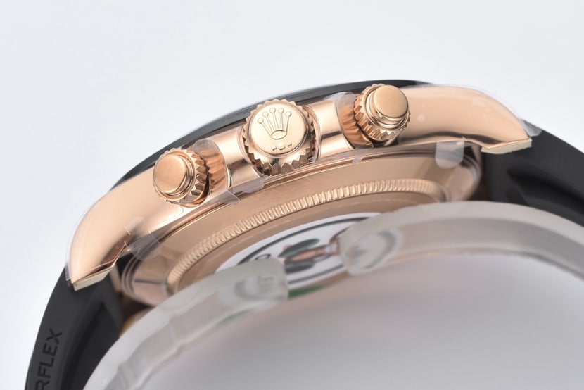 C factory DaytonaRolex1:1replica watch sunlit gold plate rose gold rubber model m116515ln-0061side live photo