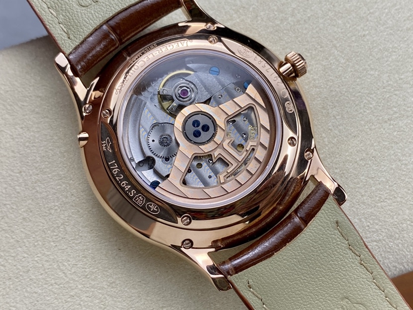 J factory master Jaeger-LeCoultre1:1replica watch eggshell yellow plate perpetual calendar rose goldleather strap model 1302520caseback live photo