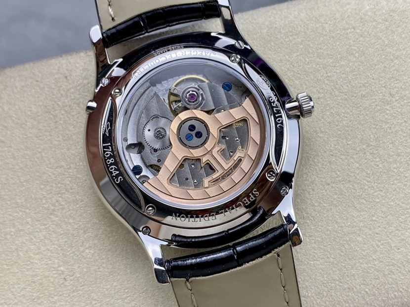 J factory master Jaeger-LeCoultre1:1replica watch black dial perpetual calendar leather strap model 1308470caseback live photo