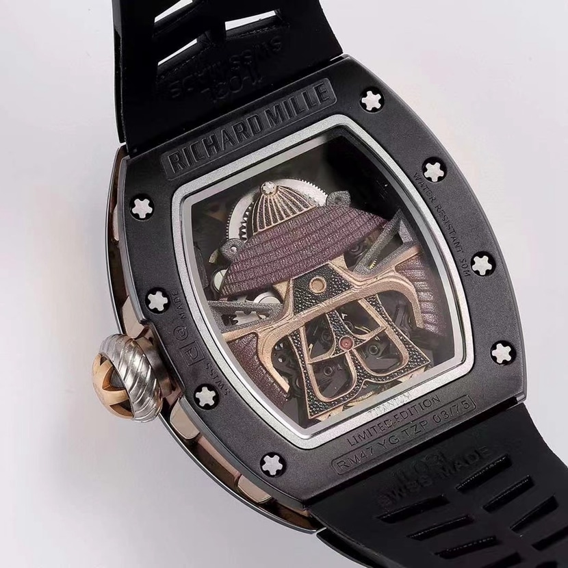 RM Factory Men's Richard Mille Watch, Skeleton Dial, Black Rubber Strap, RM 47 Rear Actual Photo