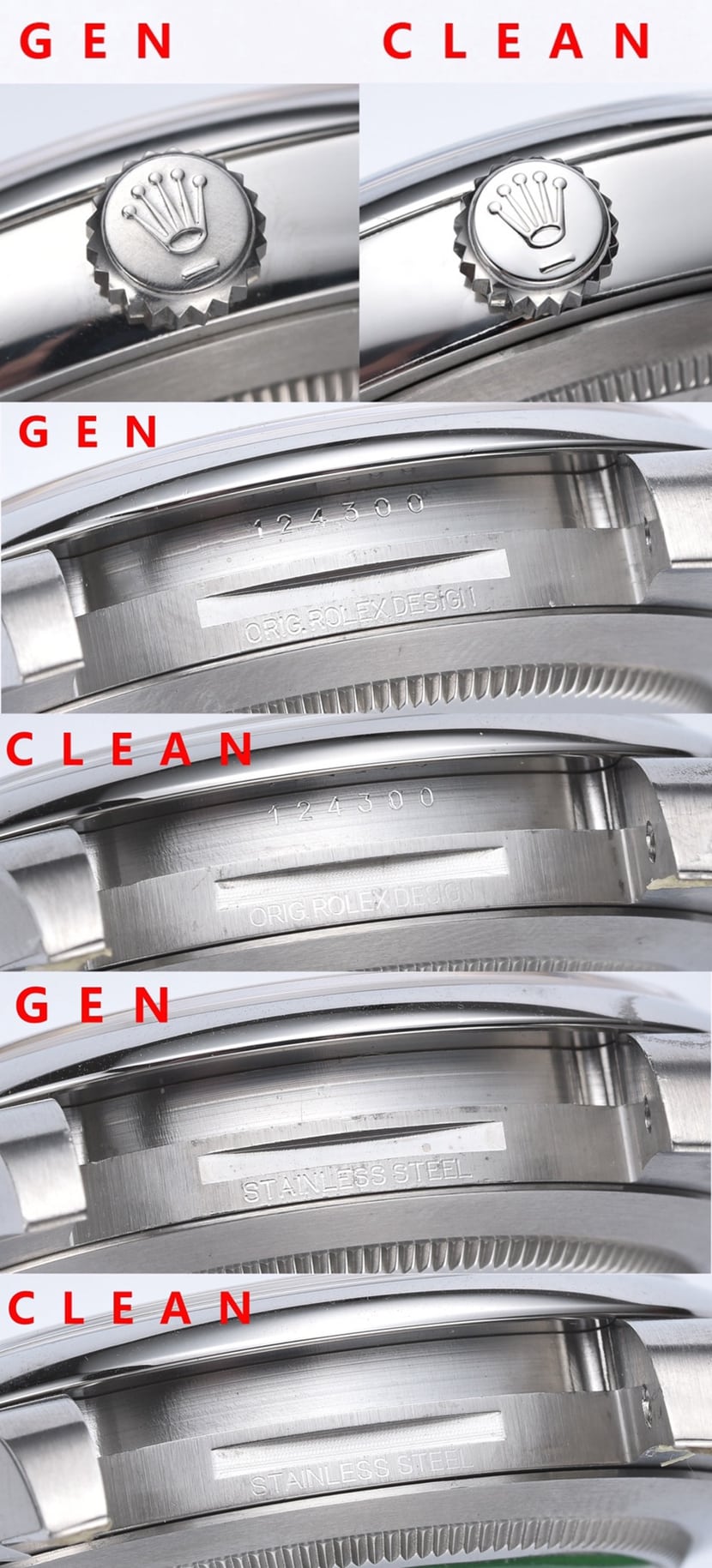 Rolex1:1replica. Oyster Perpetual watch, side comparison view