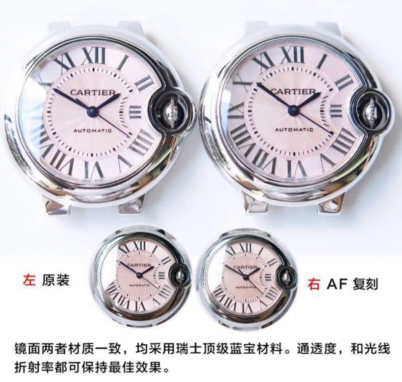 AFCartier blue balloon 33 diameter pink W6920100 replicaladies' watch genuine and fake comparison review front view