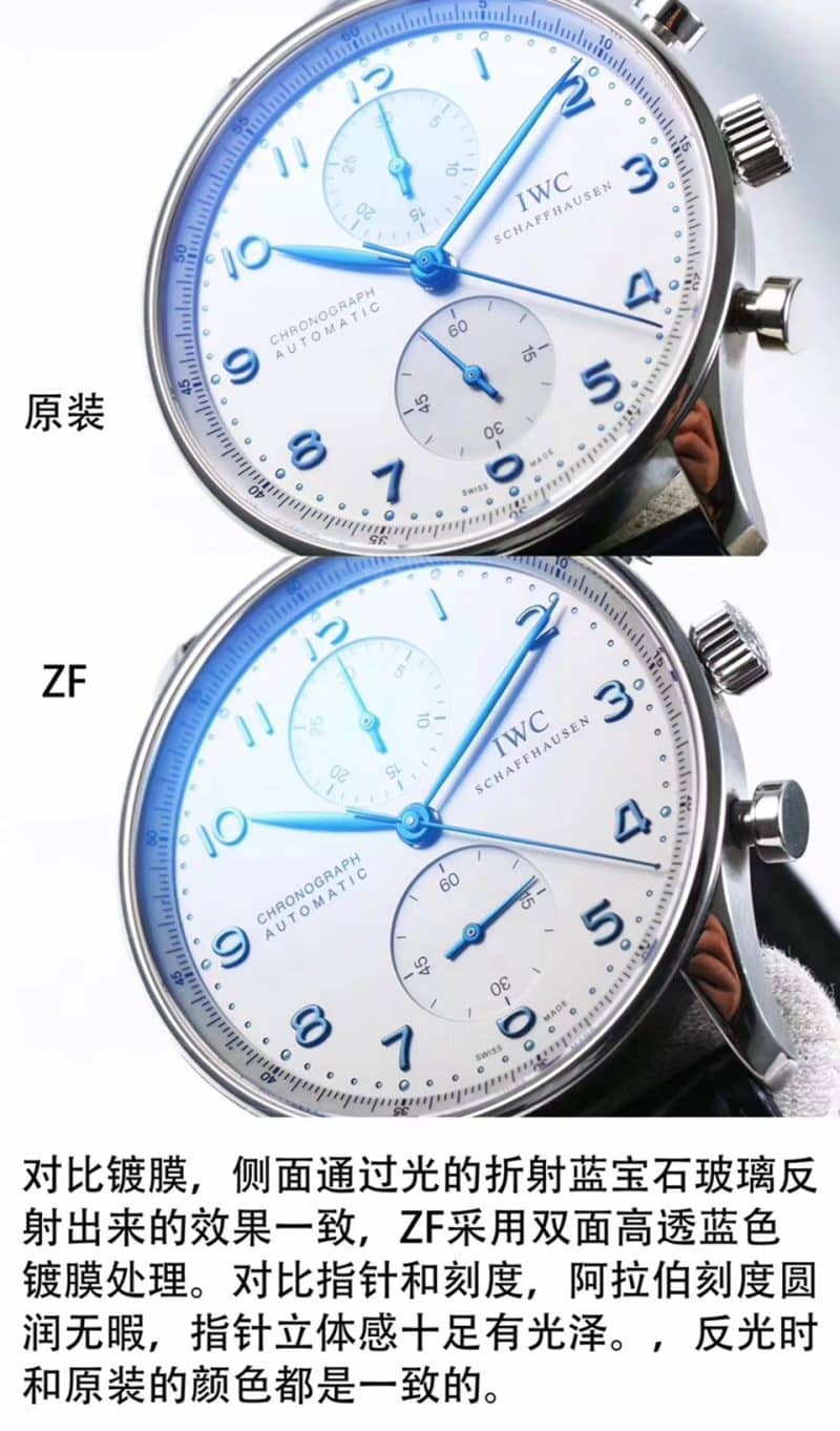 ZF FactoryIWC Portuguese watch IW371446 blue needle watch genuine and fake comparison review front view