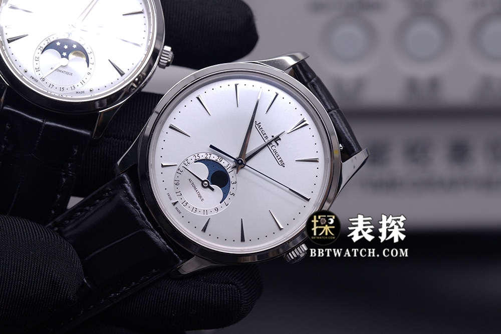 APSmoon phase master Jaeger-LeCoultre1:1replica couple watch white dial black leather strap front view